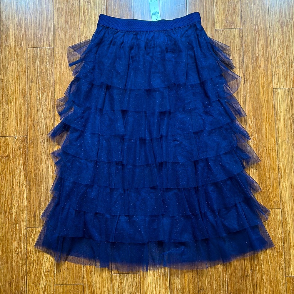 NWT Anthropologie Navy Blue Ruffles Maxi Skirt